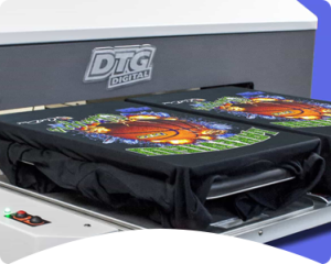 Colorful DTG printer with printed samples